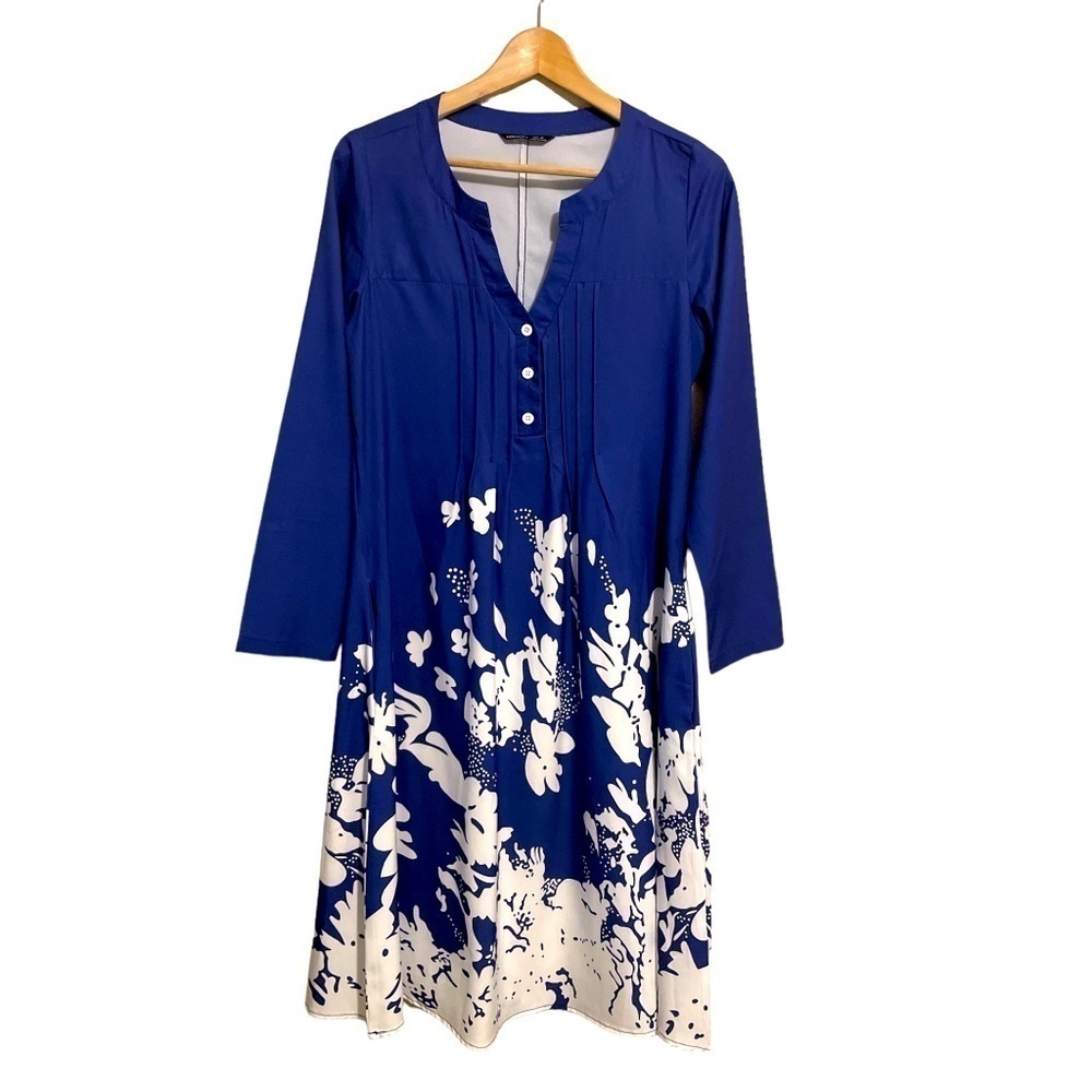 Noracora Women’s Blue White Floral V-neck  Midi Dress Size S Pockets